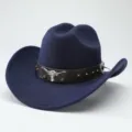 Cappello da cowboy western in feltro di lana blu navy con fascia in pelle ed emblema di toro. - 56-58cm / Blu navy
