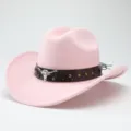 Pink felt western cowboy hat detail showcasing metal bull skull emblem and stud decorations. - 56-58cm / Pink