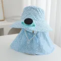 Solar powered fan sun hat with neck flap blue floral print outdoor anti UV sunshade cap detail - Solar + Rechargeable 600MA / Lake Blue