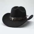 Cappello da cowboy western in feltro di lana nera con banda in pelle borchie ed emblema toro - 56-58cm / Nero