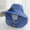 Women's sun protection hat with solar fan and striped shawl face cover for outdoor riding. - Solar + Rechargeable 600MA / Blue