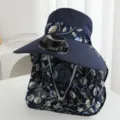 Women summer sun hat with wide brim face flap and solar powered fan for UV protection outdoor use - Solar + Rechargeable 600MA / Navy Blue