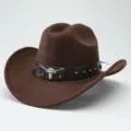 Brown wool felt cowboy hat with leather band and metal bull skull emblem for outdoor style. - 56-58cm / Coffee