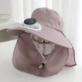 Women outdoor sun protection hat with solar powered fan and neck flap striped UV block cap - Solar + Rechargeable 600MA / Khaki