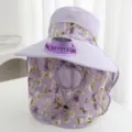 Detail view of the summer sun protection hat with solar fan, wide brim and face cover. - Solar + Rechargeable 600MA / Purple