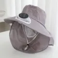 Solar powered fan sun hat for women, striped outdoor UV protection cap with neck flap and face cover. - Solar + Rechargeable 600MA / Gray