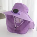 Solar powered fan sun hat for women, striped outdoor sunshade hat with face cover and shawl. - Purple