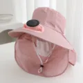 Solar fan sun hat detail, pink striped brim with neck flap and windproof rope. - Solar + Rechargeable 600MA / Pink