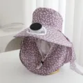 Detail view of the purple floral sun hat featuring a built-in solar fan and neck flap. - Solar Power and Rechargeable Model 600MA / Gray
