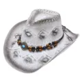 Stylish woven straw cowboy hat with beaded band, perfect for summer beach sun protection. - Gradient Beaded Style / White