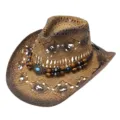 Straw cowboy hat for men women beach sun protection summer outdoor fashion western style hat. - Gradient Beaded Style / Coffee