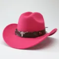 Hot pink wool felt western cowboy hat with brown leather band and silver longhorn skull badge. - 56-58cm / Rose Red