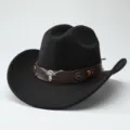 Classic black wool felt western cowboy hat with brown leather band and metal bull skull decor. - 56-58cm / Black