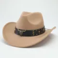 Chapeau de cowboy western en feutre beige classique avec lanière en cuir et taureau. - M (56-58cm) / Chameau