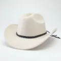 Classico cappello da cowboy western in feltro di lana beige con fascia intrecciata nera. - M（56-58cm） / Beige