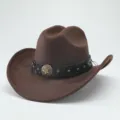 Brown wool felt western cowboy hat detail shot featuring black studded leather band and star buckle. - M (56-58cm) / Coffee