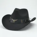 Chapeau de cowboy occidental en feutre de laine vintage avec ceinture en cuir tête de taureau - M (56-58cm) / Noir