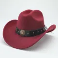 Close-up detail of burgundy wool felt cowboy hat with black leather band and star concho. - M (56-58cm) / Burgundy