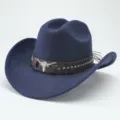 Vista di dettaglio di un cappello da cowboy western in feltro di lana blu con fascia in pelle. - 56-58cm / Blu navy