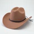 Vista dettagliata del cappello da cowboy western in feltro di lana marrone con fascia intrecciata. - M（56-58cm） / Marrone