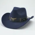 Chapeau de cowboy vintage en feutre de laine bleu avec bande en cuir et tête de taureau. - M (56-58cm) / Bleu marine