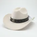 Exquisite wool felt cowboy hat detail, classic black leather band with vintage metal star decor. - M (56-58cm) / Beige