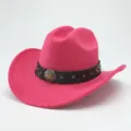 Pink wool felt western cowboy hat with studded black leather band and star buckle detail. - M (56-58cm) / Rose Red