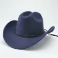 Primo piano dettagliato del cappello da cowboy in lana blu con fascia intrecciata e cordino. - M（56-58cm） / Blu navy