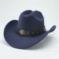 Detail shot of dark blue felt western cowboy hat with leather band and metal star concho. - M (56-58cm) / Navy Blue