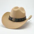 Detail view of the western cowboy hat featuring wool felt fabric, black band, and star. - M (56-58cm) / Camel