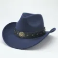 Vista dettagliata del cappello da cowboy in lana blu scuro, con fascia in pelle e stella. - 56-58cm / Blu navy
