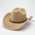 Classico cappello da cowboy western in feltro cachi con fascia intrecciata nera per autunno e inverno. - M（56-58cm） / Cammello