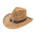 Close-up detail of straw cowboy hat with hollow weave and beaded leather band decoration. - Leather Band Hollow Style / Khaki