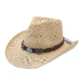 Woven straw cowboy hat with turquoise bead leather band for beach sun protection summer. - Leather Band Hollow Style / Beige