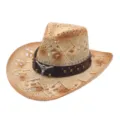 Detailed view of straw cowboy hat with leather band and metal bull skull emblem for men and women - Gradient Hollow Beaded Style / Beige