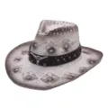 Western straw cowboy hat with stylish bull skull belt, sun protection beach hat for summer outdoor wear. - Gradient Hollow Beaded Style / White