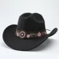 Schwarzer Filz Western Cowboy Hut für Damen und Herren mit Stickerei Band und rosa Perlen Blume. - M (56-58cm) / Schwarz