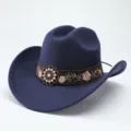 Dunkelblauer Western Cowboyhut mit besticktem Blumenband und Perlenblumen Detail. - M (56-58cm) / Marineblau