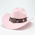 Rosa Western Cowboyhut Nahaufnahme Detail, braunes besticktes Band mit Metall Blumen Schnalle. - M (56-58cm) / Rosa