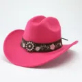 Stilvoller rosa Western-Cowboyhut mit braunem bestickten Band und vintage Metallschnalle. - M (56-58cm) / Fuchsia
