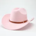 Elegante cappello da cowboy occidentale rosa con cintura marrone e fibbia in metallo per esterni. - M（56-58cm） / Rosa