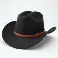 Classico cappello da cowboy fedora in feltro nero con cinturino in pelle marrone stile. - M（56-58cm） / Nero