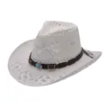 Summer women men straw hat hollow cowboy sun hat beach travel outdoor breathable sunhat - Leather Band Hollow Style / White
