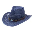 Blue straw cowboy hat for summer sun protection, hollow-out beach hat with leather bead decor. - Leather Band Hollow Style / Navy Blue