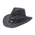Black straw cowboy hat for men and women, summer beach sun protection cap with bead band. - Leather Band Hollow Style / Black