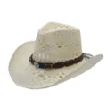 Woven straw cowboy hat with leather band and turquoise bead decor for summer beach wear. - Leather Band Hollow Style / Cream