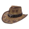 Straw cowboy hat for men and women, summer beach sun protection sunshade hat with bull skull. - Gradient Hollow Beaded Style / Khaki