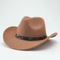 Detailed view of brown western cowboy hat with black leather band and metal rivet decoration. - 56-58cm / Khaki
