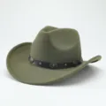 Detail view of the olive green felt cowboy hat featuring a black leather band and metal studs. - 56-58cm / Army Green