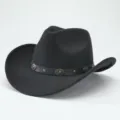 Black western cowboy hat with leather strap and metal studs, classic rolled brim fedora design. - 56-58cm / Black